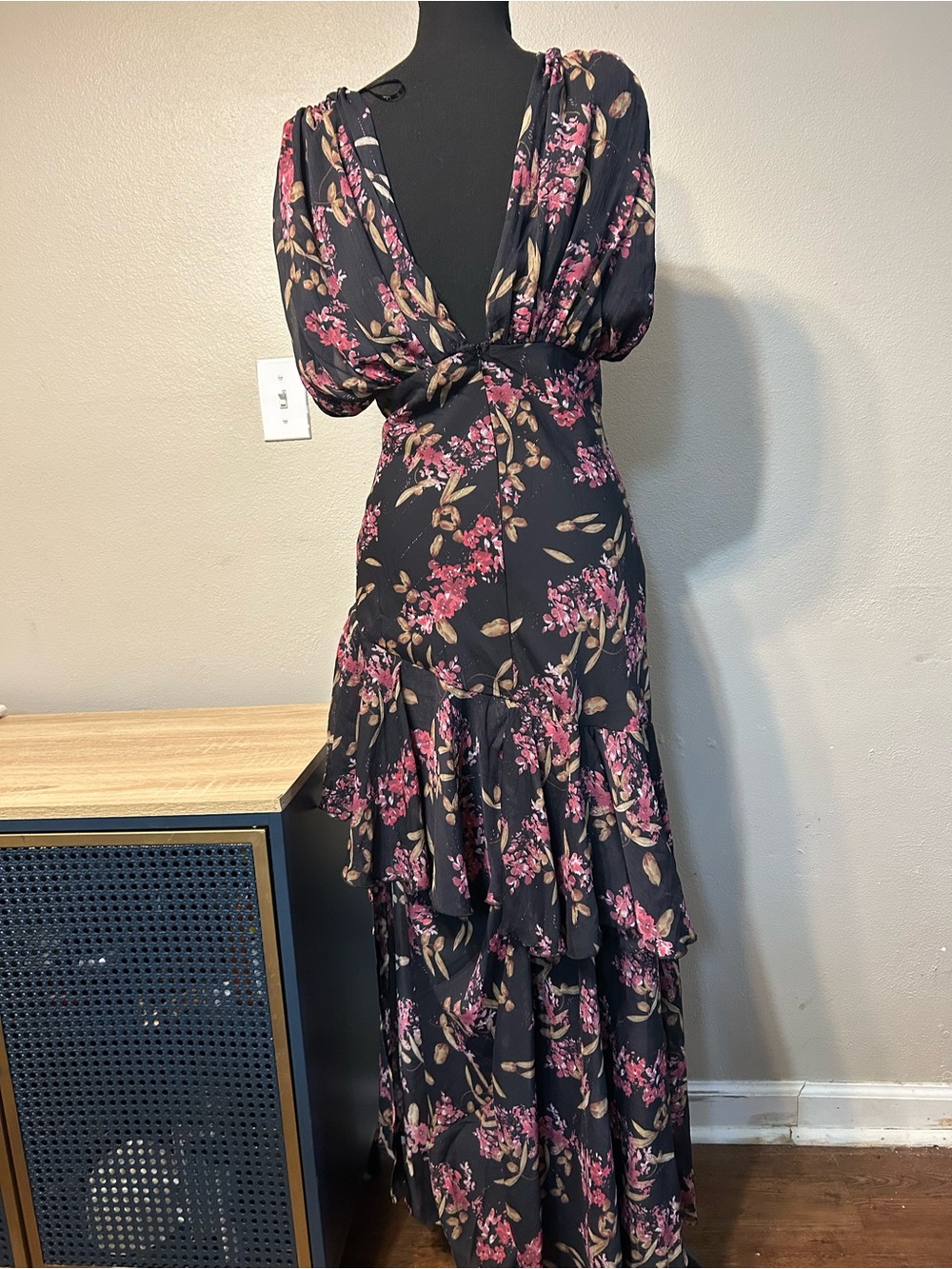 Lulus L Black Pink Floral Tiered Ruffle Maxi Dress Romantic Puff Sleeve